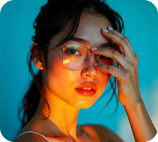 women blue orange wearing glasses